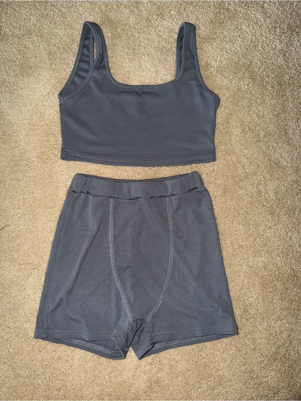 SHEIN Charcoal Ribbed Crop Tank and High-Waist Bike Shorts Set